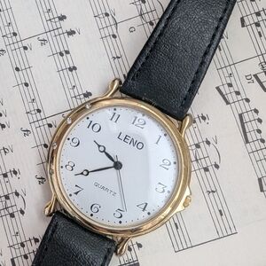 Leno Black and Gold Quartz Watch Leather Strap